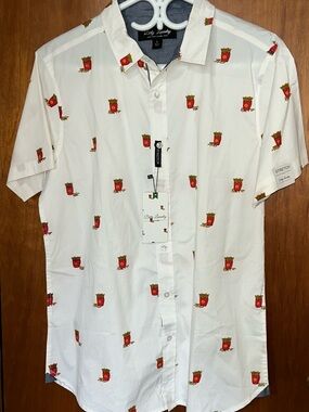 Dirty Laundry White Short-Sleeve Button-Down Shirt with Red Fry Box Print